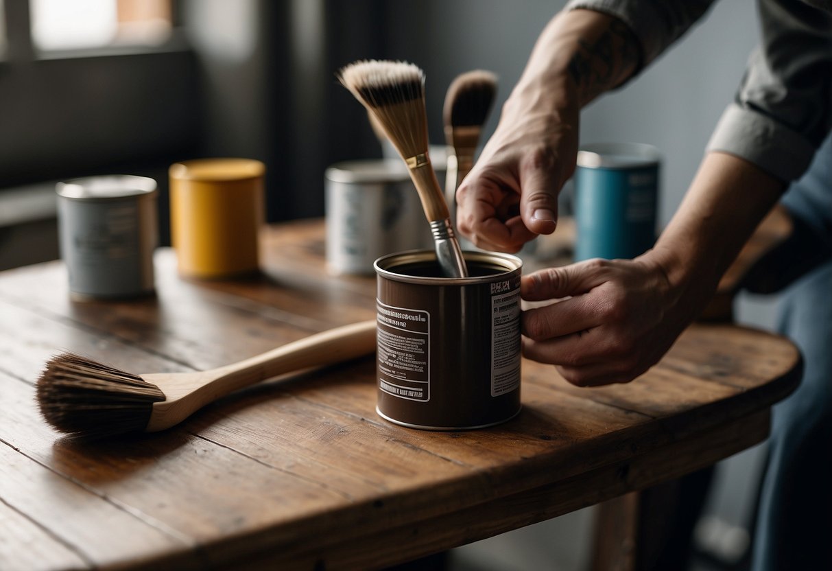 A hand reaches for a can of dark brown furniture paint, surrounded by paint brushes and a wooden chair waiting to be transformed