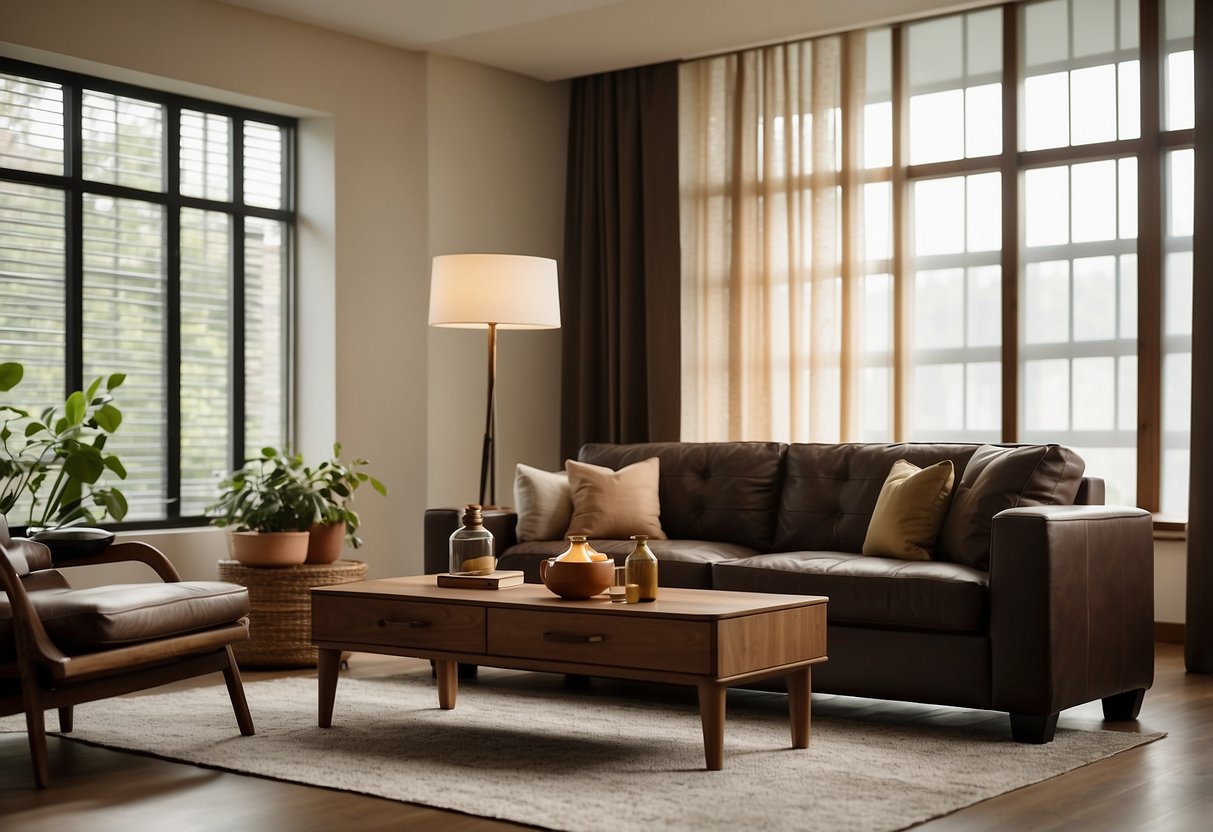 A well-lit room with dark brown furniture, contrasting against light-colored walls and floors. Use warm, earthy tones for accessories and decor to complement the furniture
