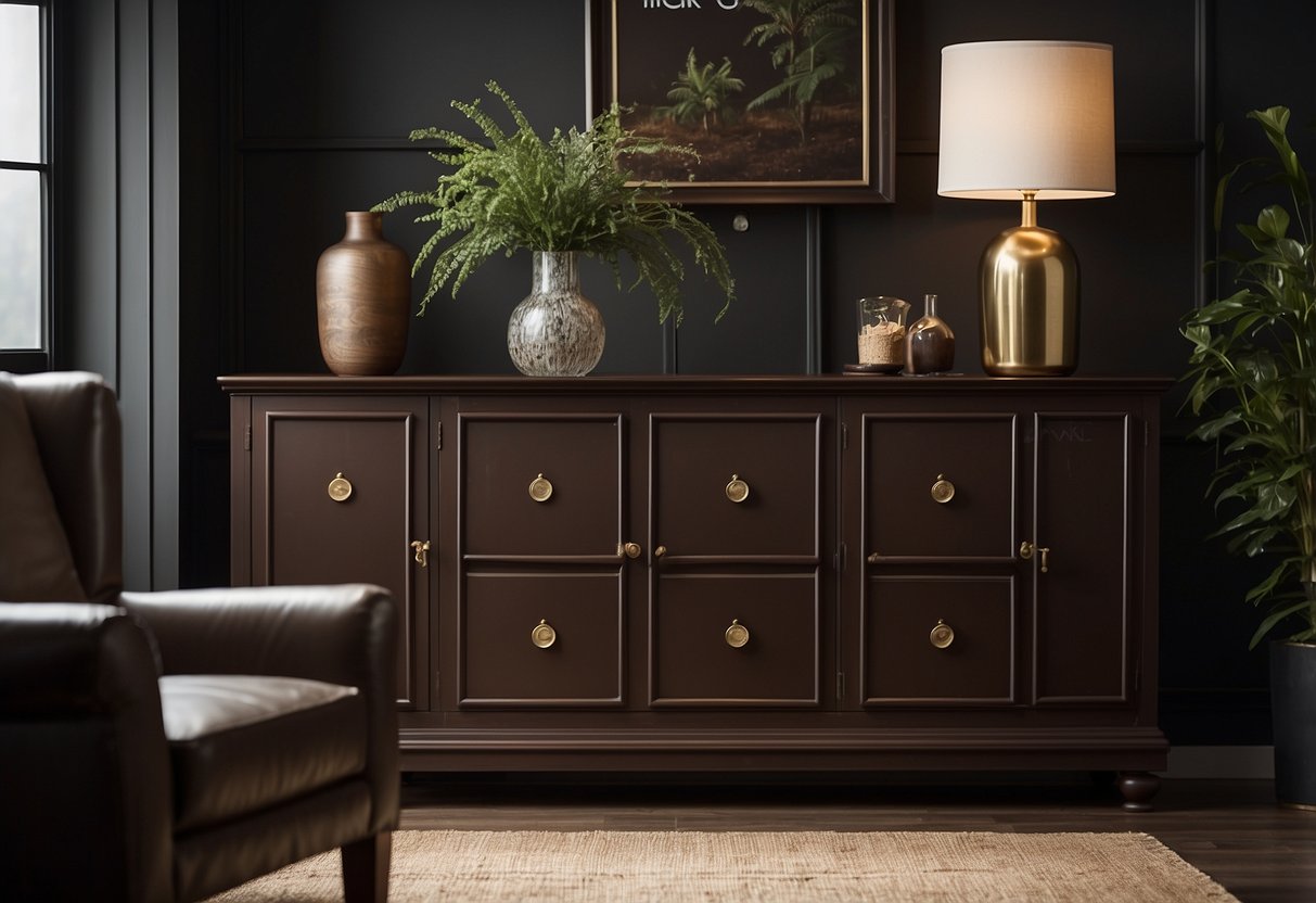 Dark brown furniture paint displayed with FAQ signage