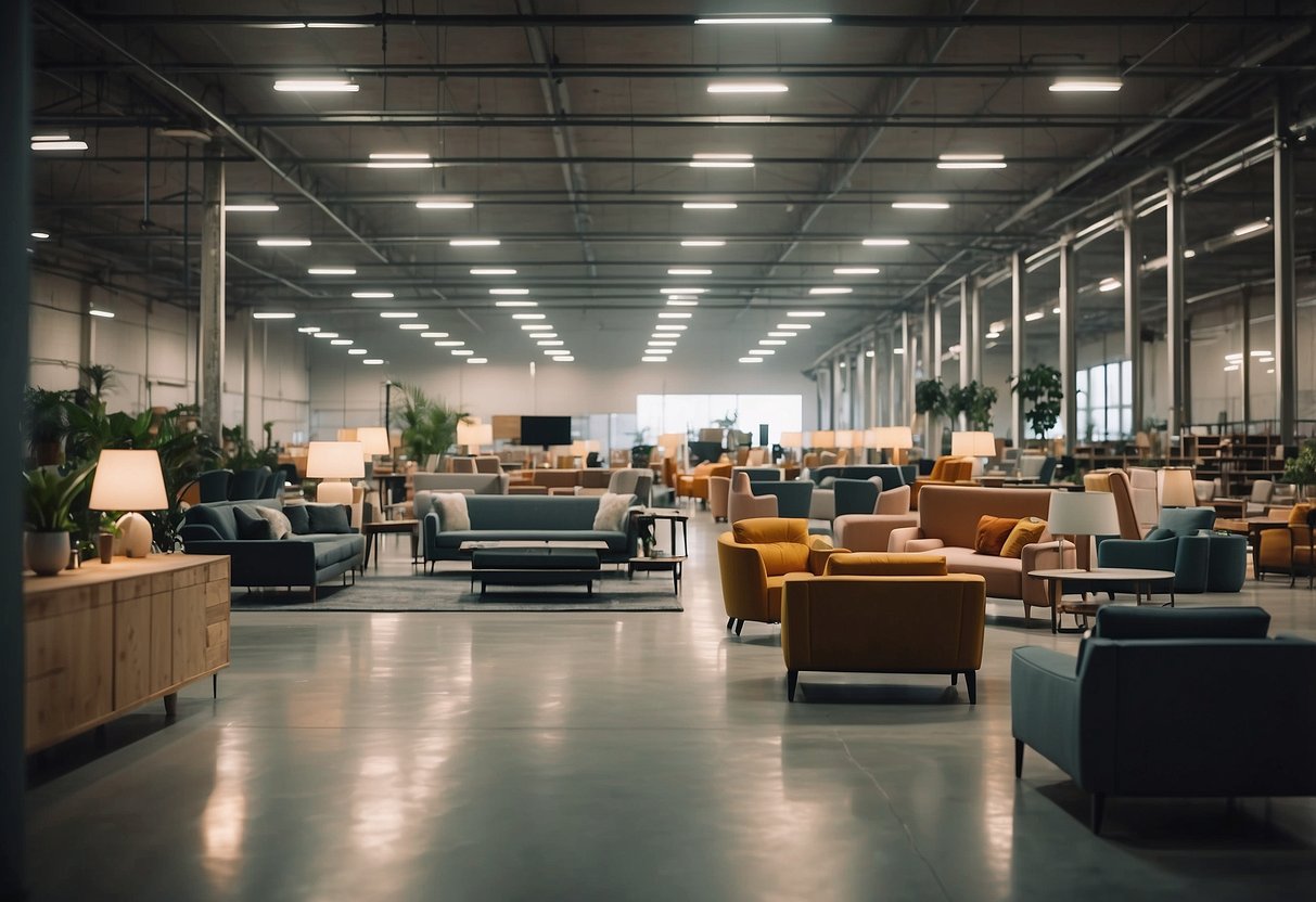A spacious warehouse filled with modern designer furniture on sale. Bright lighting and clean, minimalist displays showcase the sleek and stylish pieces