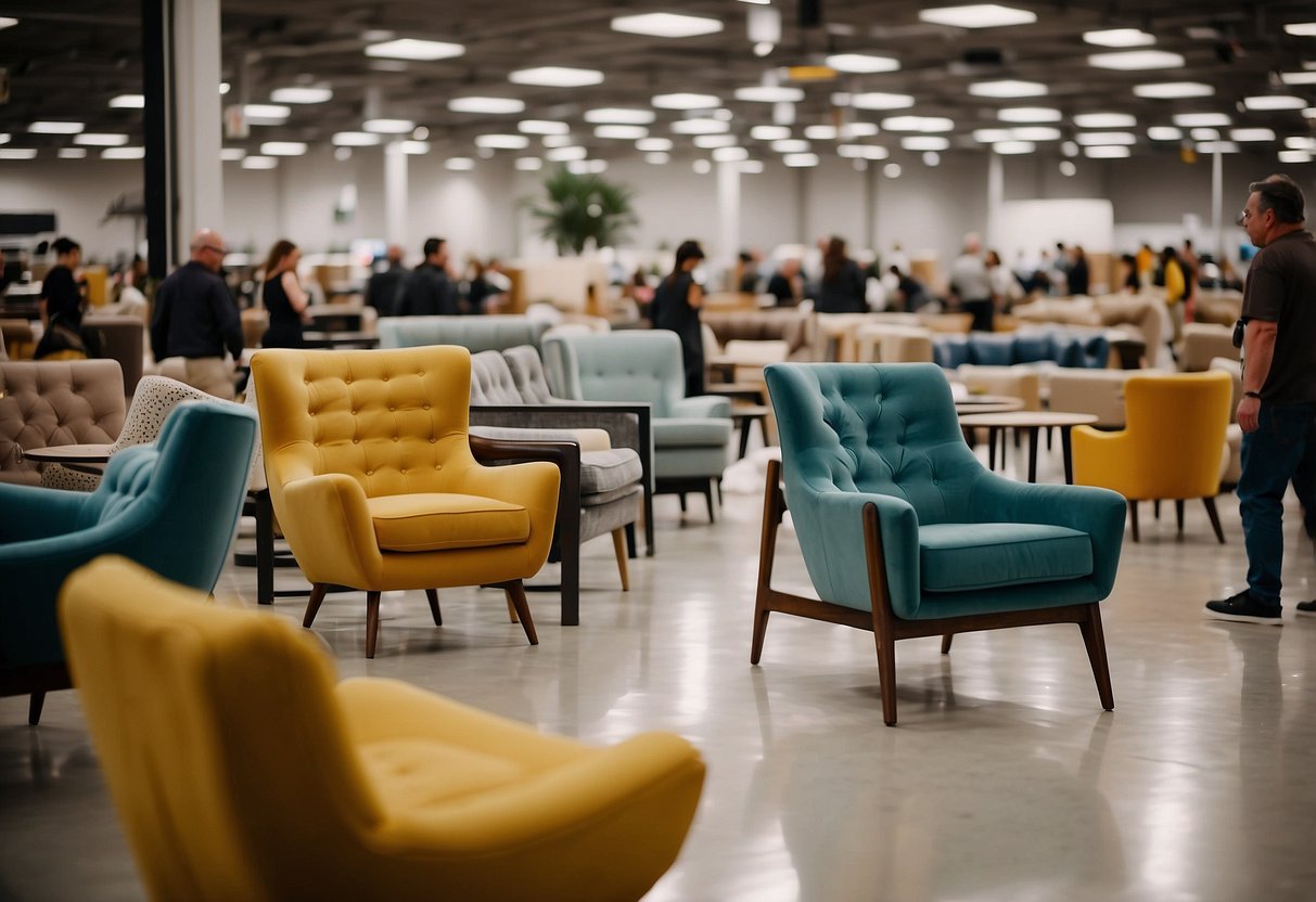 Customers browse aisles of discounted designer furniture at the Warehouse Sale. Shelves are lined with modern chairs, tables, and decor. Bright signage and bustling activity fill the space