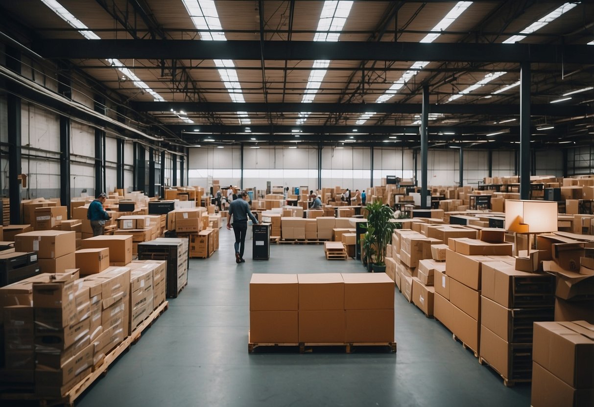 A bustling warehouse with designer furniture on sale, staff assisting customers, and a vibrant atmosphere of service and support