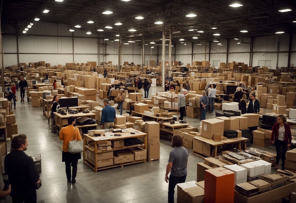A crowded warehouse filled with modern designer furniture. Customers browsing through the discounted items. Signs indicating "Frequently Asked Questions" throughout the space
