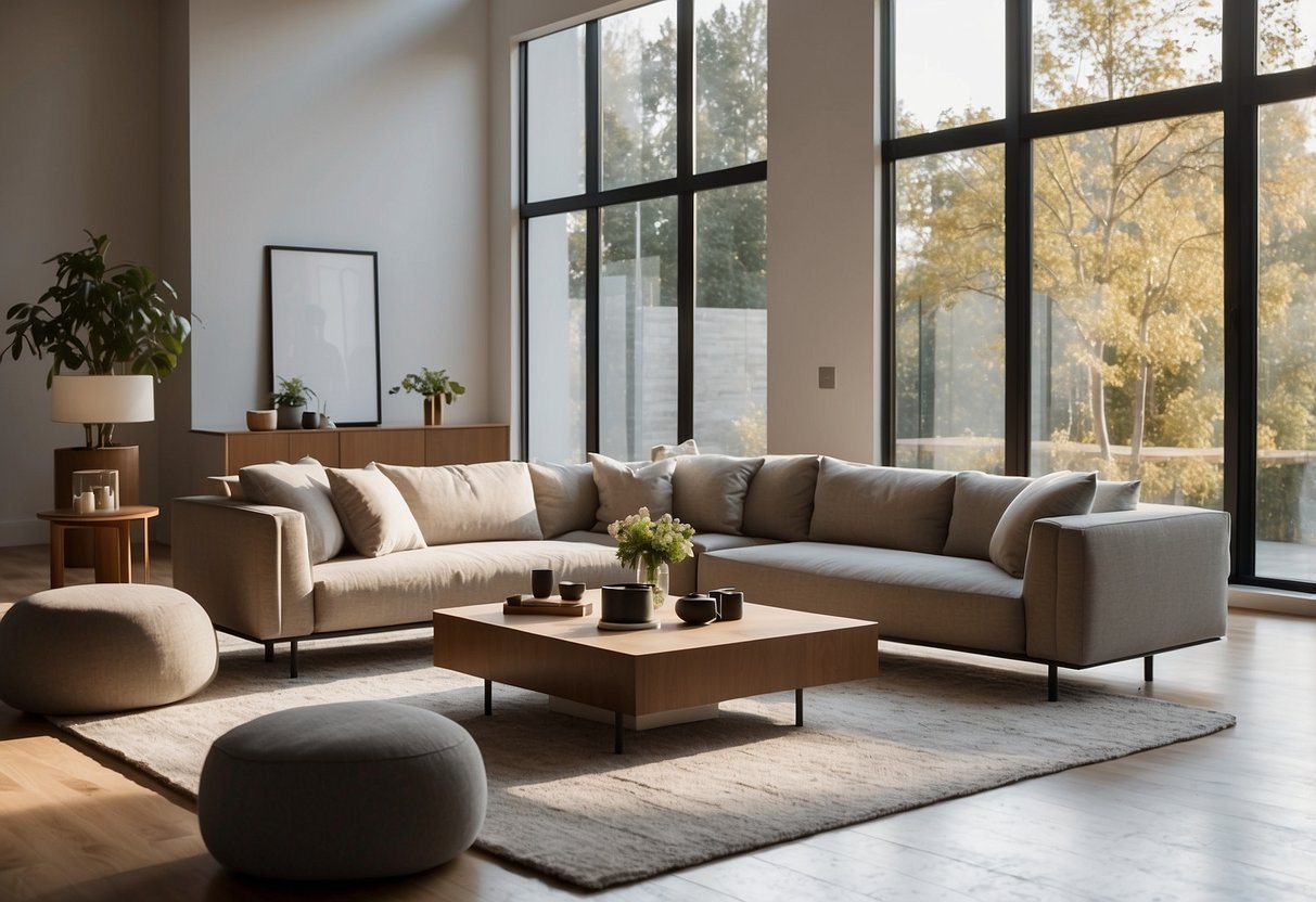 A modern living room with sleek, minimalist furniture, clean lines, and neutral tones. Light streams in through large windows, casting a warm glow on the space