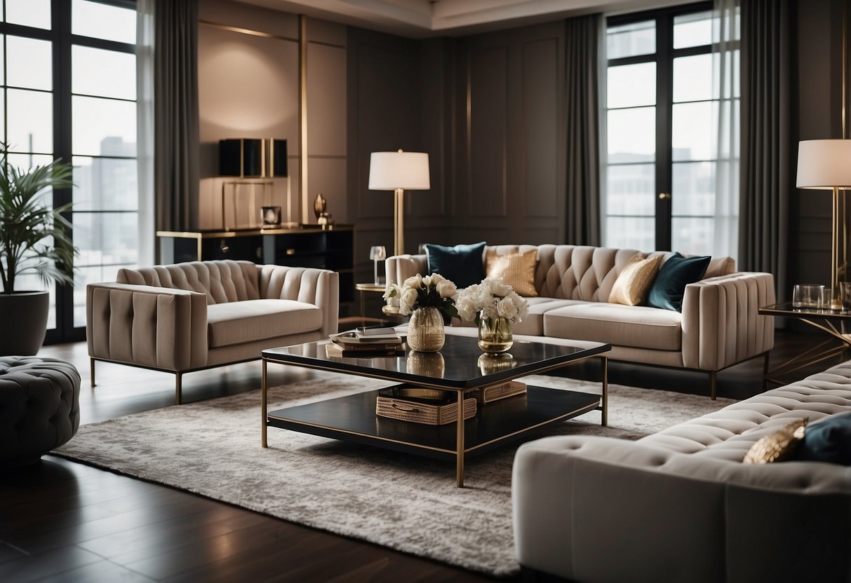 A room filled with modern and luxurious furniture, featuring sleek lines and rich textures, creating an atmosphere of sophistication and elegance