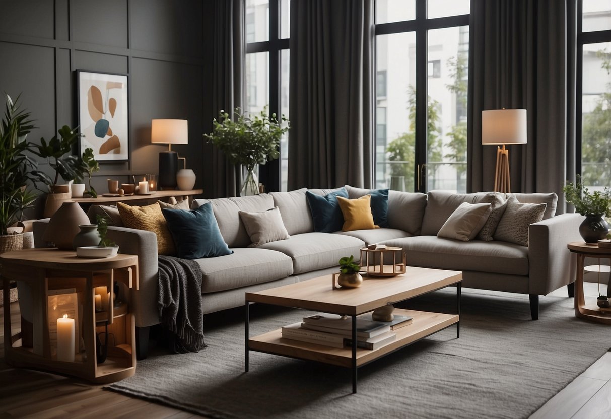 A cozy living room with a modern sofa and coffee table, surrounded by stylish and functional furniture pieces. A customer service representative is on the phone, assisting a customer with their inquiries