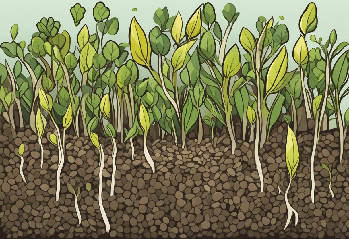 Seeds scatter from a mature plant onto the soil below. Some seeds take root and begin to sprout, while others remain dormant