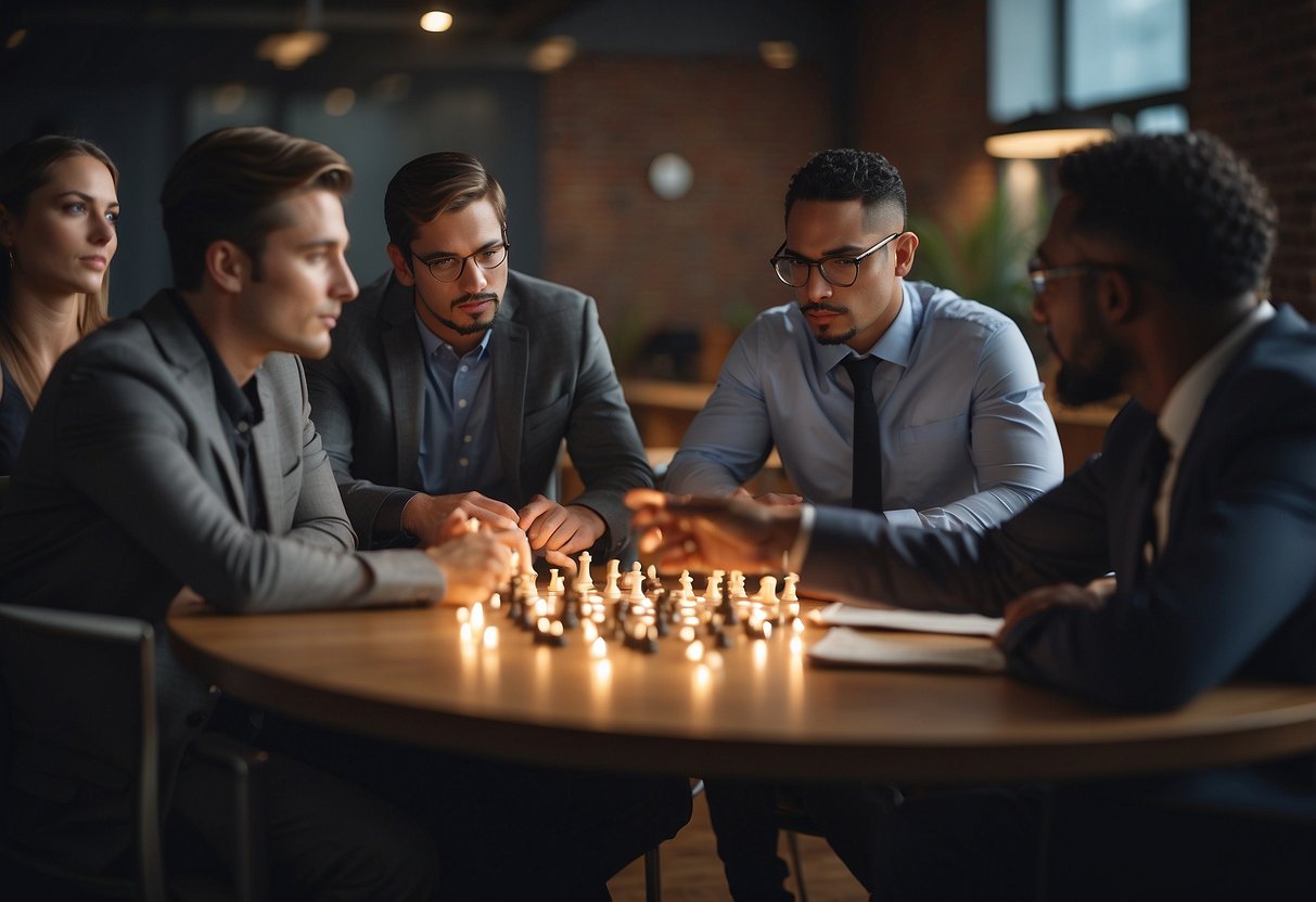 A group of diverse individuals engaging in deep discussions, analyzing complex problems, and applying advanced critical thinking strategies