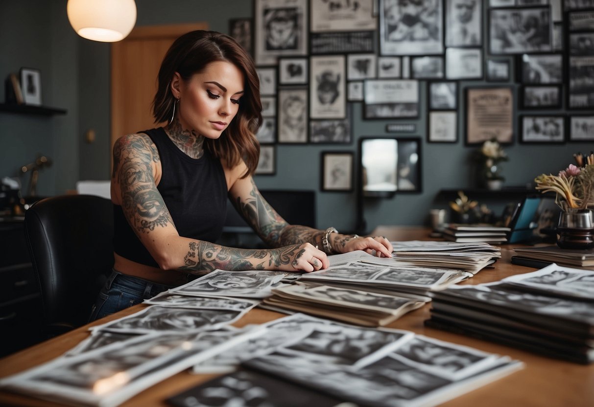 A woman sits at a desk, surrounded by tattoo magazines and sketches. She carefully considers different sleeve tattoo designs, looking for inspiration