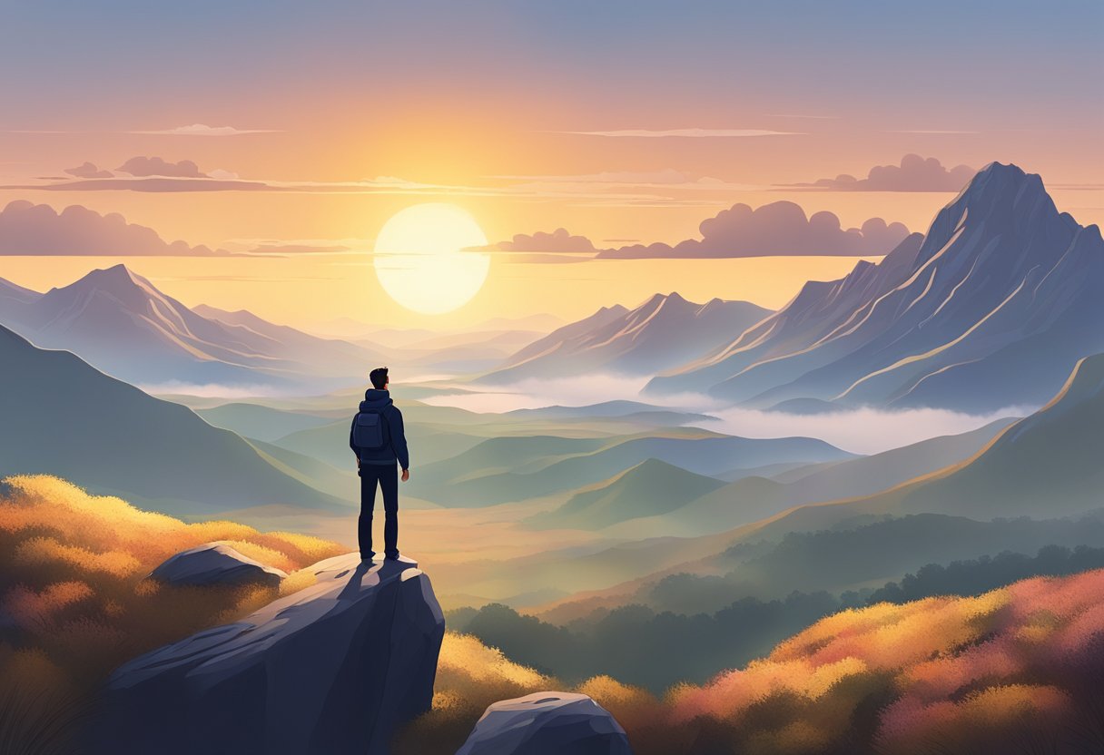 A person stands on a mountain peak, gazing out at the vast horizon. The sun is rising, casting a warm glow on the landscape below. The person appears contemplative, surrounded by a sense of peace and purpose