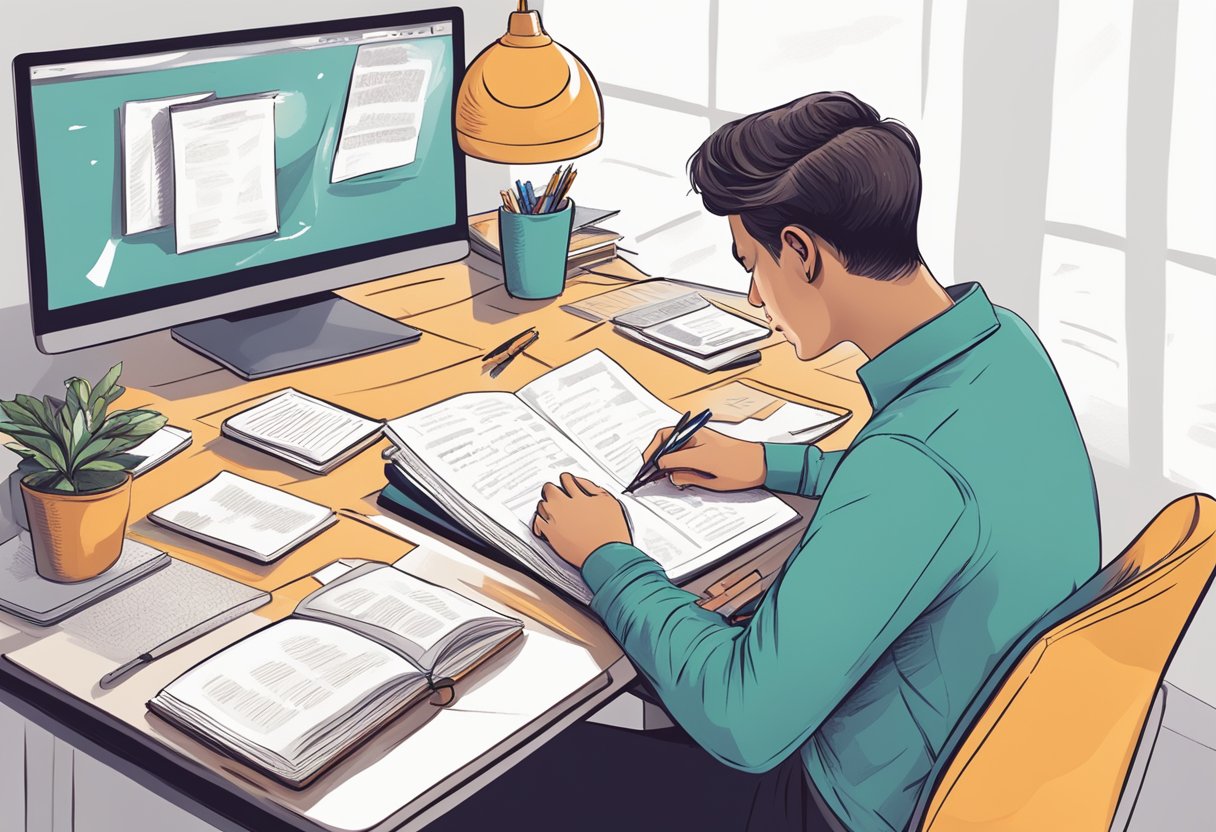 A person sitting at a desk, surrounded by motivational quotes and images, writing down personal goals and aspirations in a journal