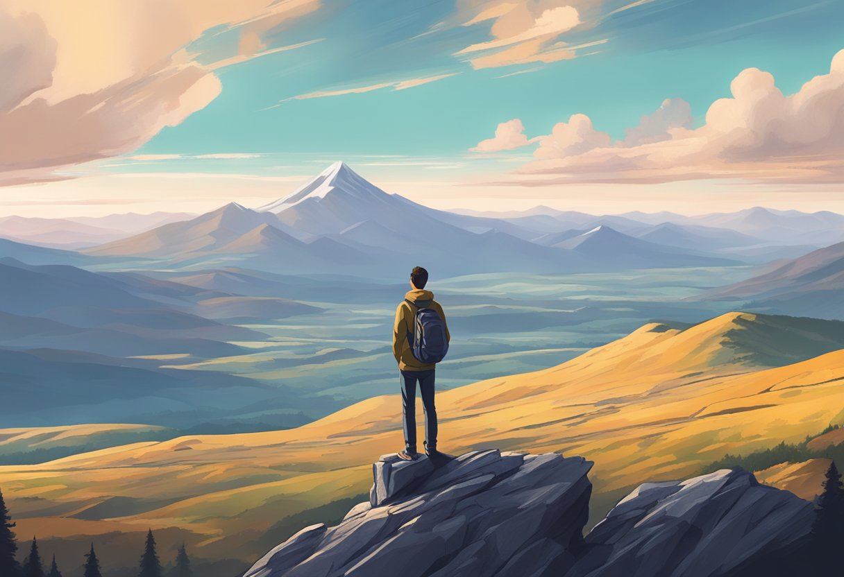 A person standing on a mountain peak, looking out at a vast and inspiring landscape, with a sense of purpose and personal growth