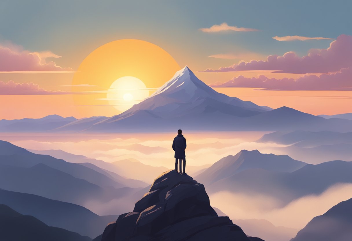 A person stands on a mountain peak, surrounded by a serene landscape. The sun is setting, casting a warm glow over the scene. The person appears contemplative, with a sense of purpose and self-awareness