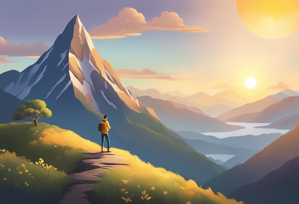 A person standing on a mountain peak, surrounded by nature, with the sun rising in the background, symbolizing physical and mental health, personal growth, and purpose