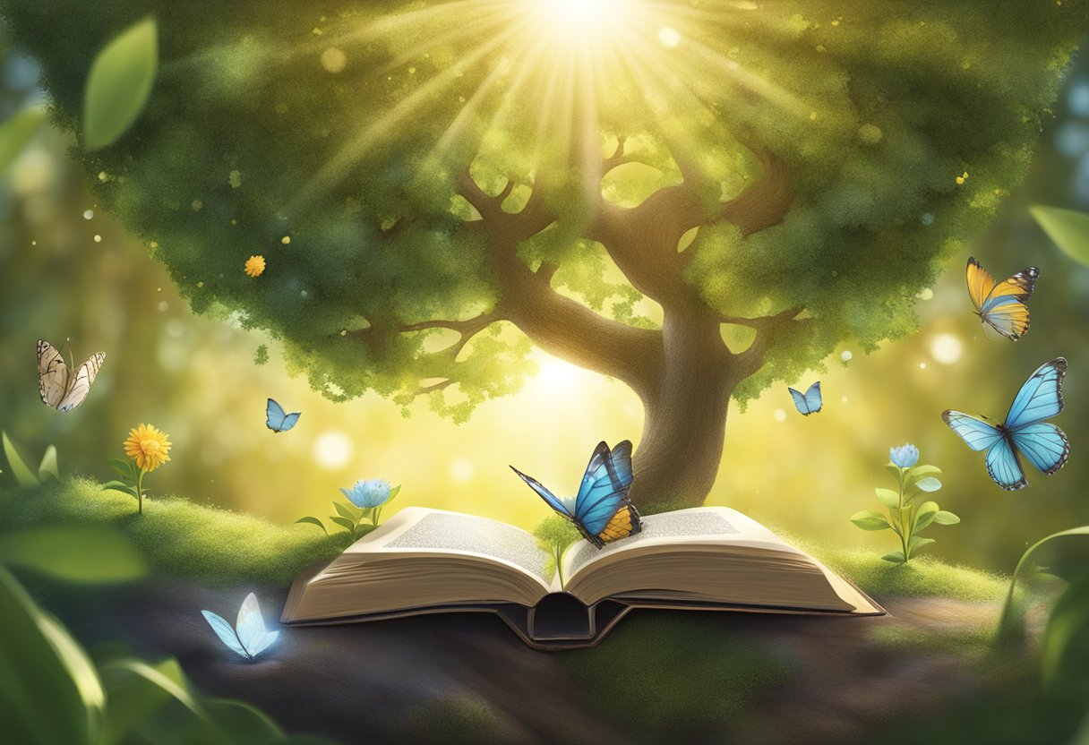 A person reading a book under a tree, surrounded by symbols of growth and learning: a sprouting plant, a butterfly emerging from a cocoon, and a shining sun