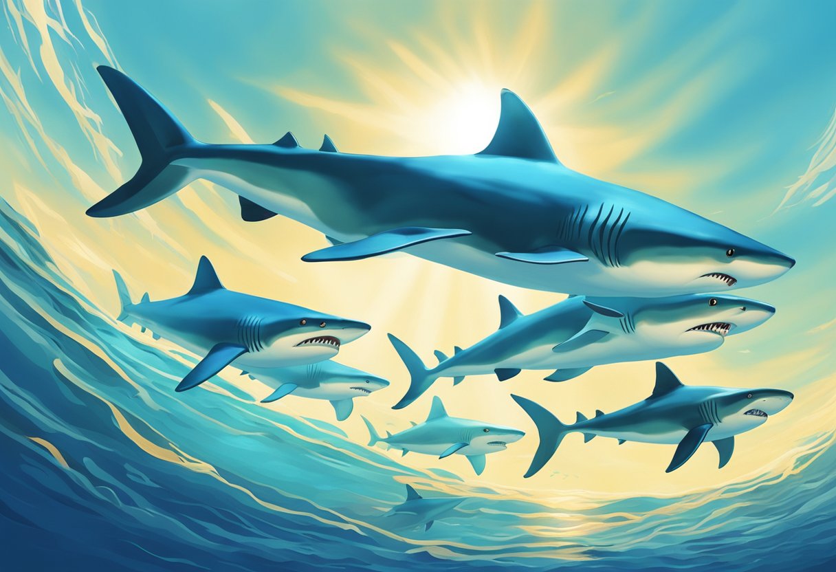 A school of sharks swimming in clear blue water, showing their sleek bodies and sharp teeth. Sunlight filters through the waves, creating a mesmerizing underwater scene