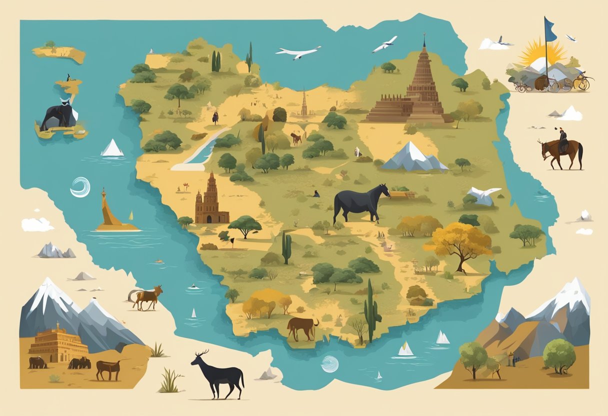 A map of Argentina with iconic landmarks, wildlife, and cultural symbols. Tango dancers, gauchos, and the Andes mountains in the background