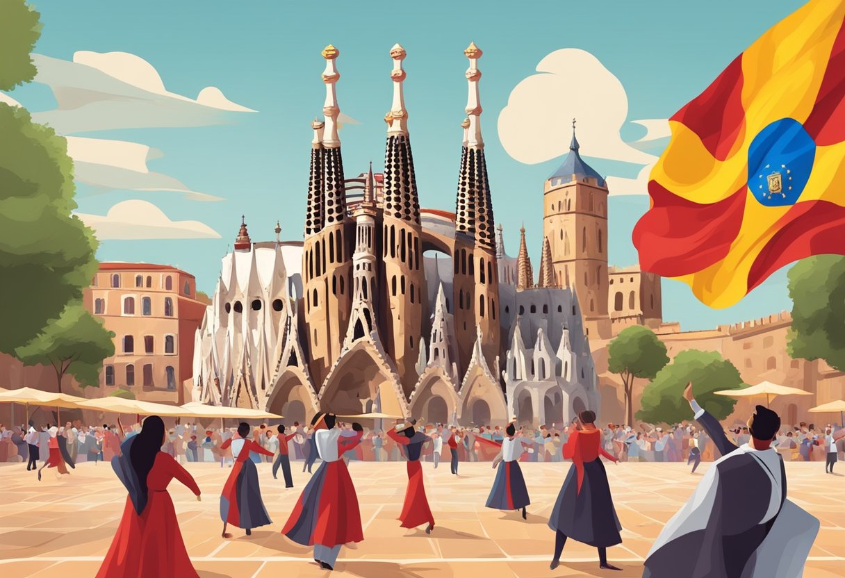 The Spanish flag waving in the wind, with famous landmarks like the Sagrada Familia and Alhambra in the background. Bullfighting arena and flamenco dancers add cultural elements