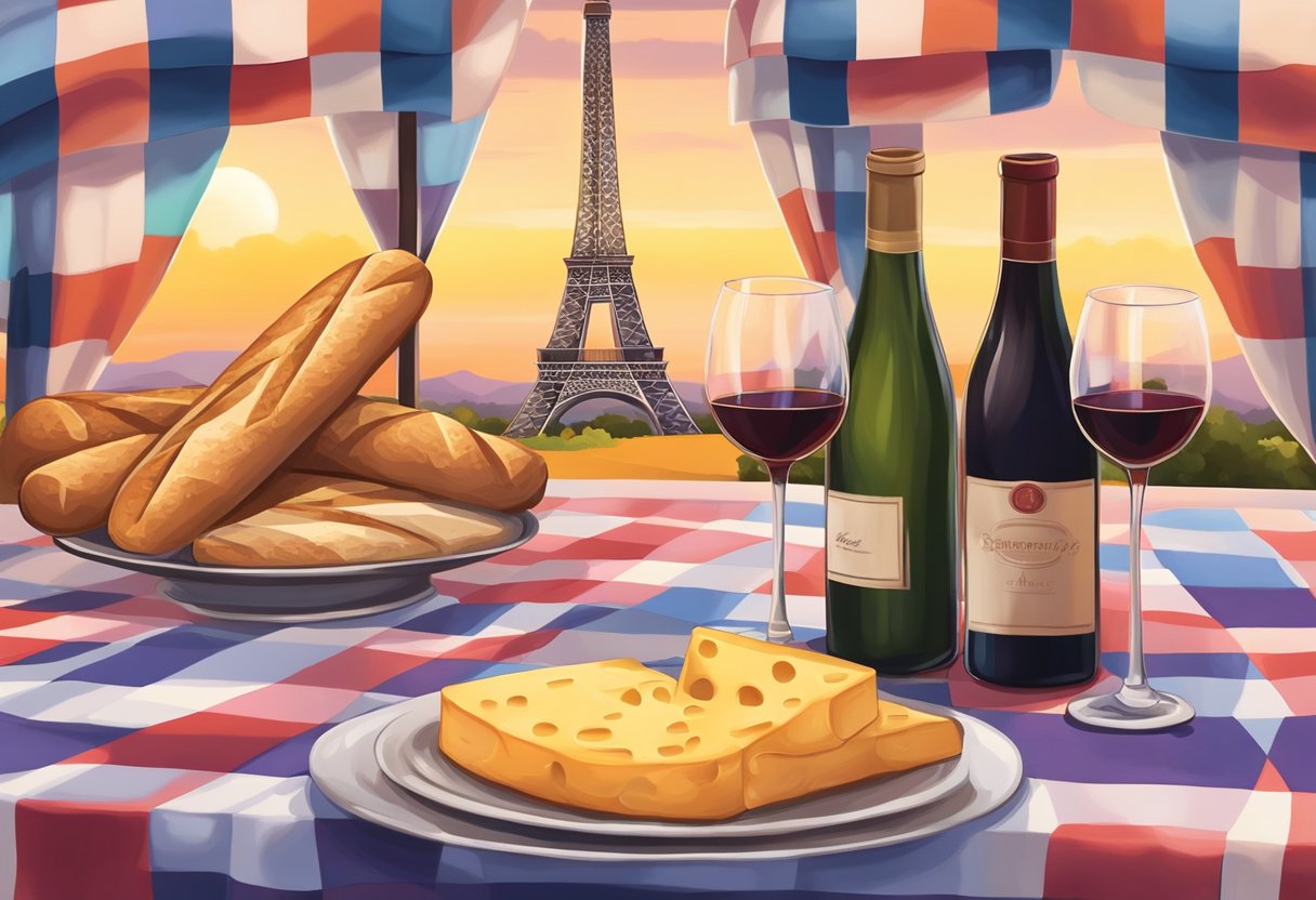 The Eiffel Tower stands tall against a colorful sunset sky, while a baguette and cheese sit on a checkered tablecloth. Wine bottles and a beret complete the scene