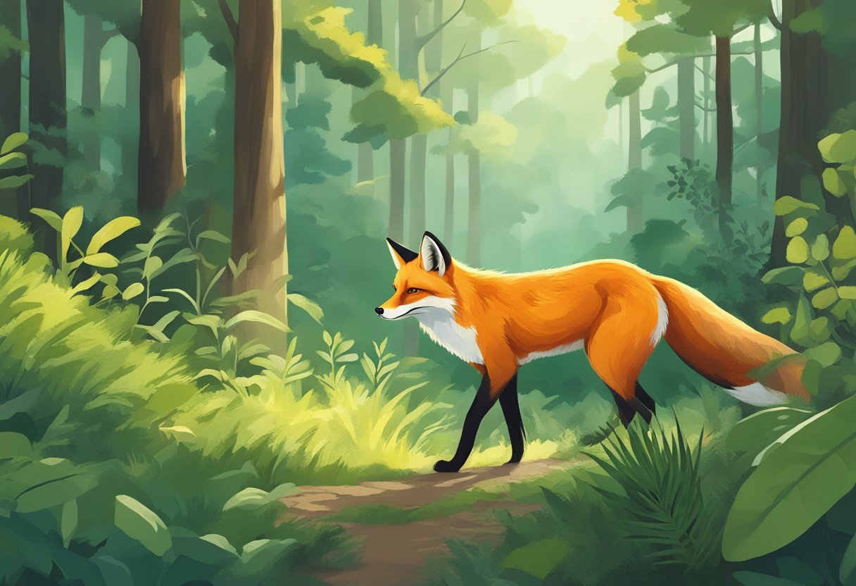 A fox roaming through a lush forest, its bright orange fur contrasting against the greenery. It pauses to sniff the air, its sharp eyes scanning its surroundings