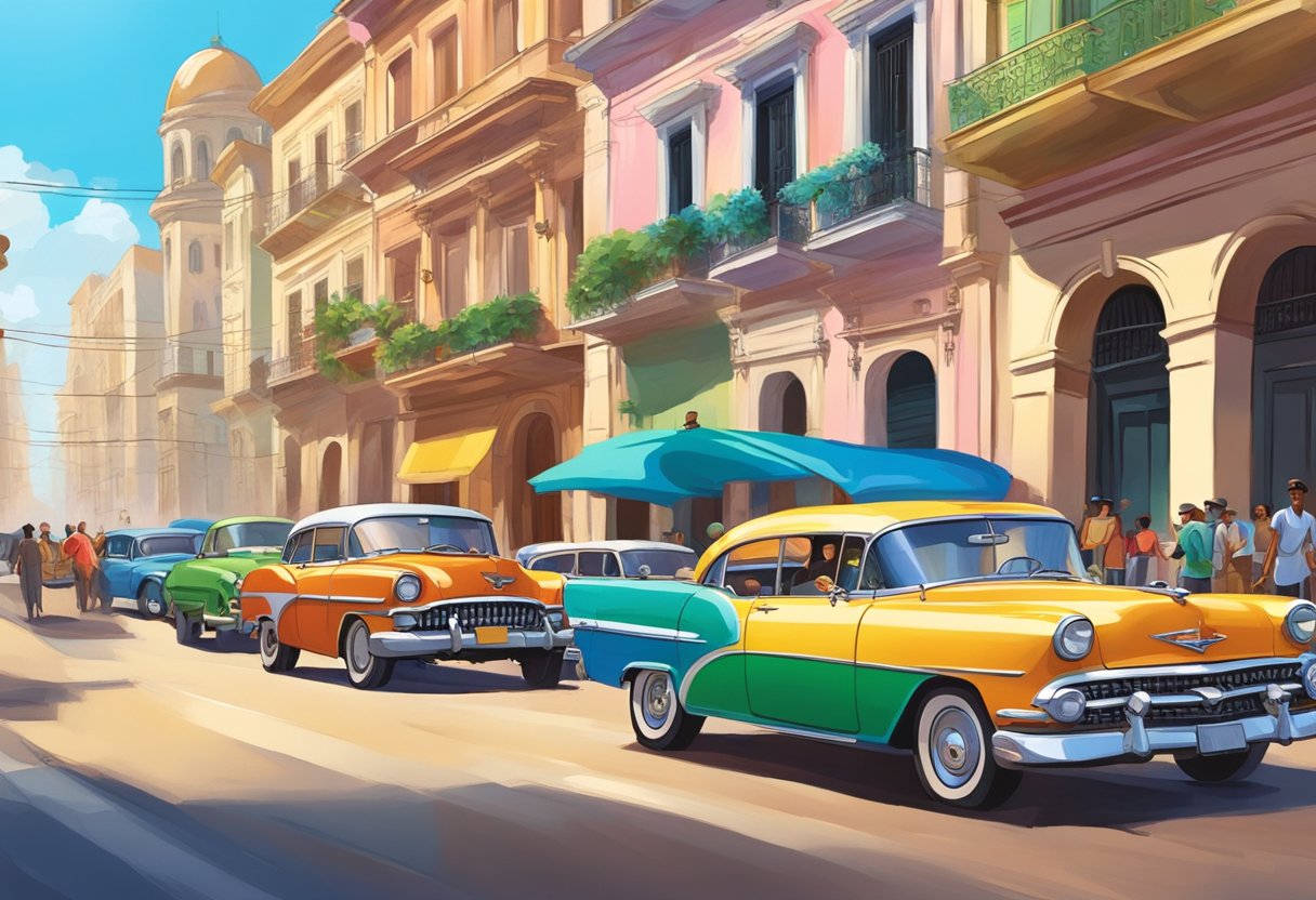 Colorful Cuban flags fluttering in the breeze, classic cars cruising down vibrant streets, lively music echoing from every corner, and historic architecture lining the bustling city