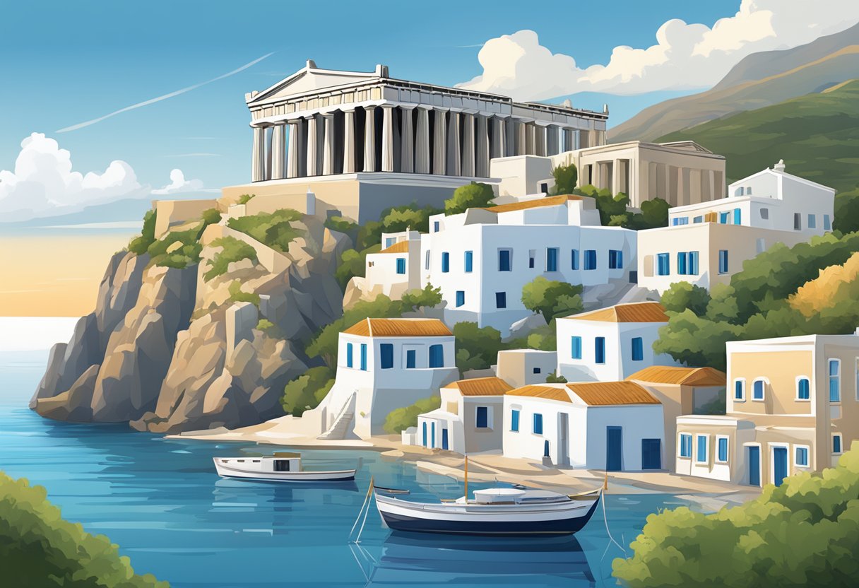 A scenic view of iconic Greek landmarks, including the Parthenon, Santorini's white-washed buildings, and the crystal-clear waters of the Aegean Sea