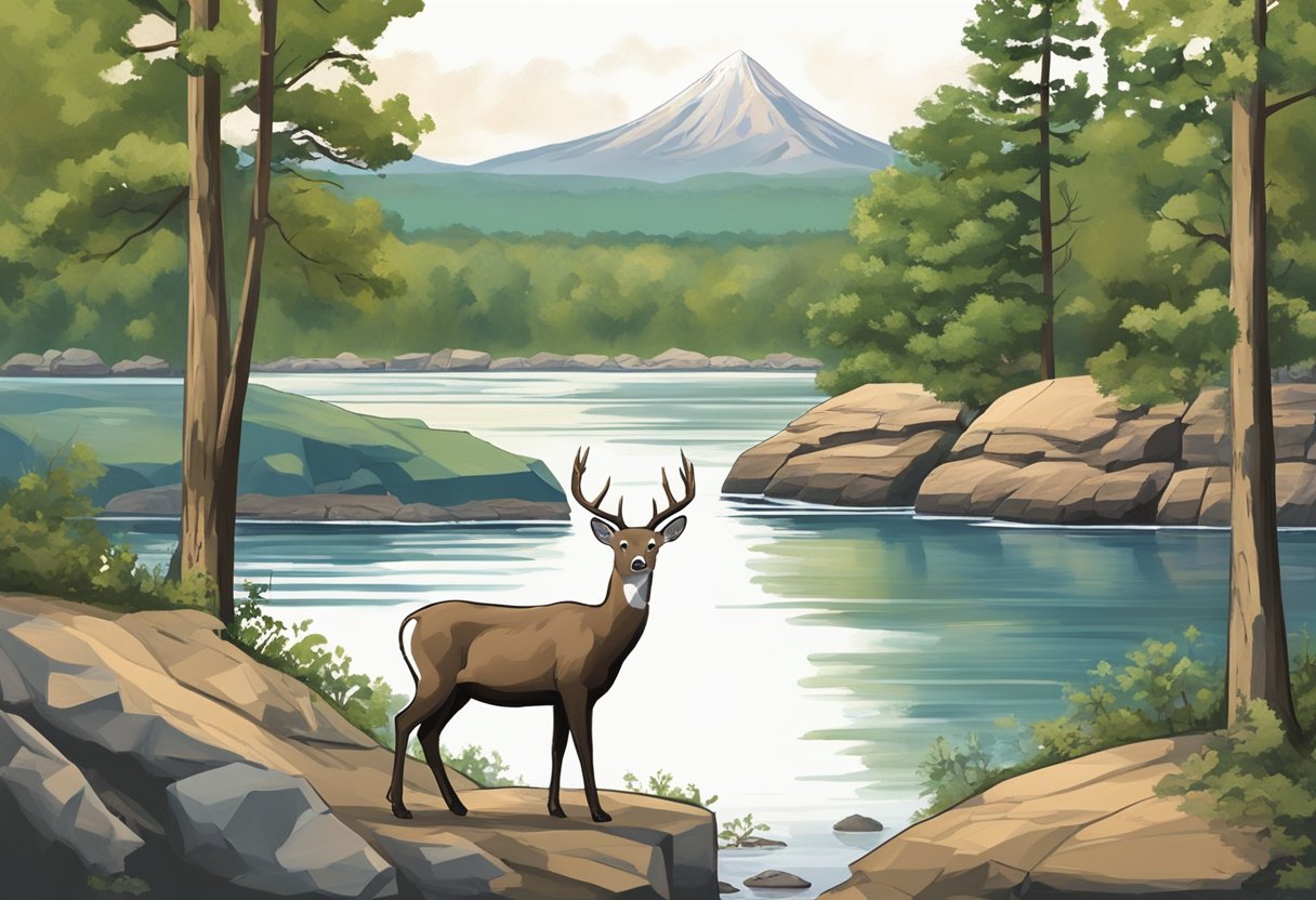 Landscape with iconic Arkansas landmarks: Hot Springs, Ozark Mountains, and the Mississippi River. State flag and diamond symbol. Wildlife like white-tailed deer and black bears