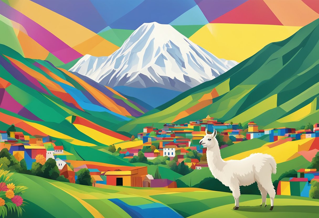 Bolivia's flag waving in the wind, with the Andes mountains in the background. A llama grazing on the vibrant green hills, and a traditional Bolivian market bustling with colorful textiles and handicrafts