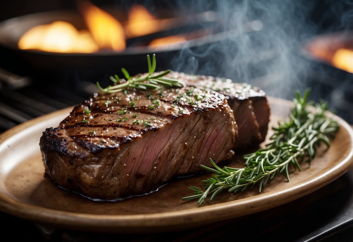 A sizzling steak sits on a hot grill, smoke rising as herb butter melts over the top. The aroma of savory meat and fragrant herbs fills the air