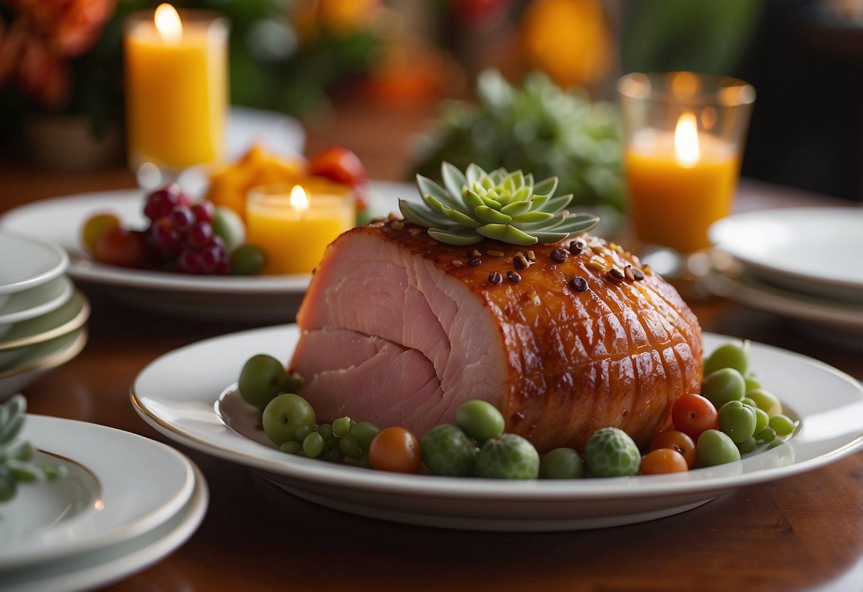 A succulent honey glazed ham glistens on a festive dinner table, surrounded by vibrant side dishes and elegant tableware