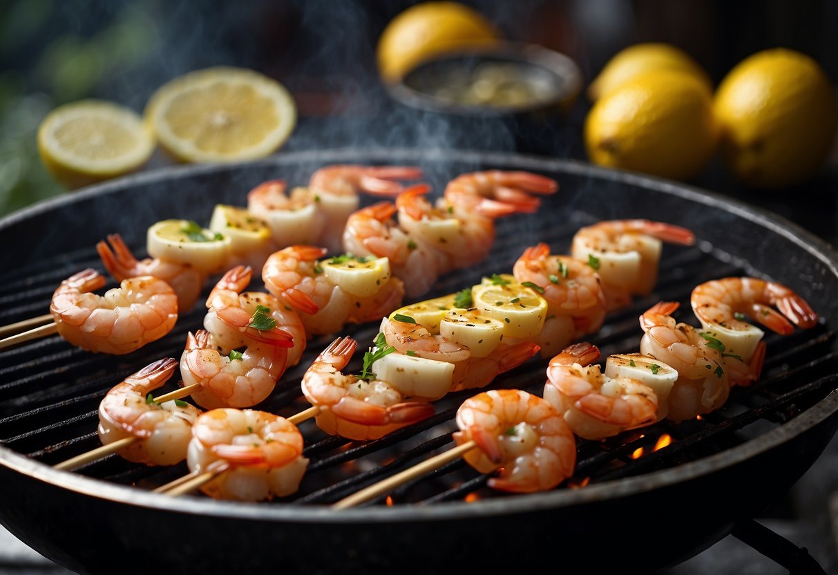 A sizzling grill cooks skewers of juicy shrimp coated in zesty lemon and garlic, ready to be served for a special Father's Day dinner