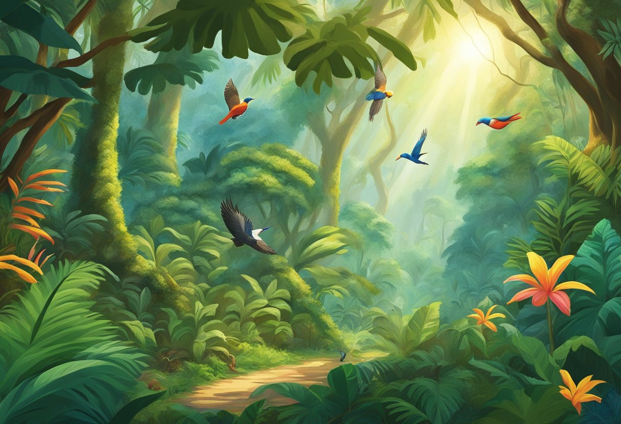 A lush rainforest teeming with diverse plant and animal life, with towering trees, colorful birds, and exotic flowers. Sunlight filters through the dense canopy, creating a vibrant and dynamic ecosystem