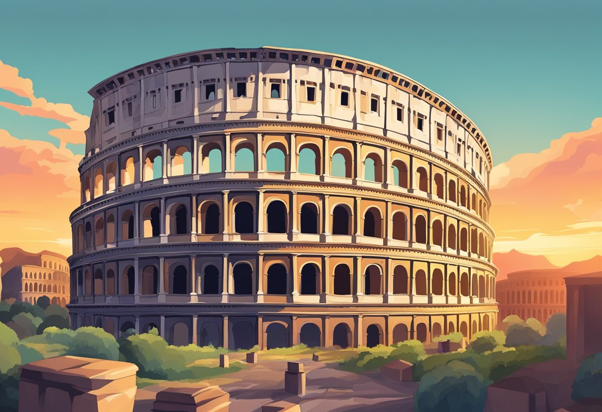 Ancient Roman ruins stand against a vibrant sunset. The Colosseum and the Pantheon are surrounded by bustling streets and iconic landmarks