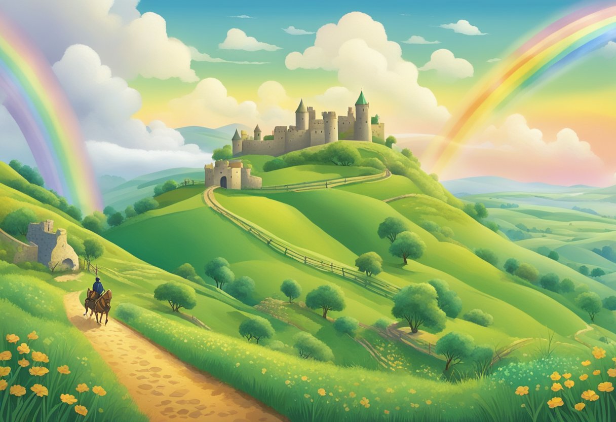 Rolling green hills, dotted with ancient castles and stone walls. A rainbow stretches across the sky, leading to a pot of gold. Leprechauns dance among clovers, while a traditional Irish band plays in the distance