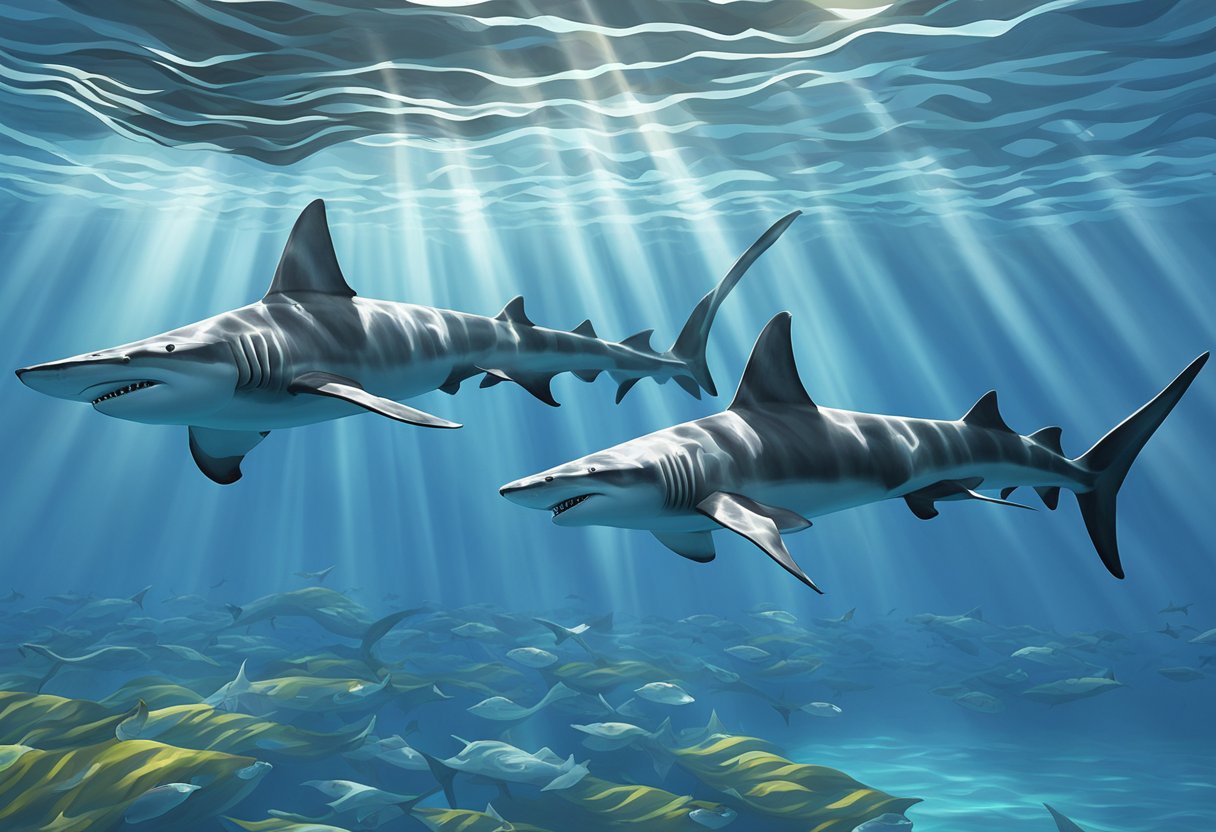 A school of hammerhead sharks swimming in clear, blue waters, their unique T-shaped heads cutting through the waves. Sunlight filters down, casting dappled shadows on their sleek, grey bodies