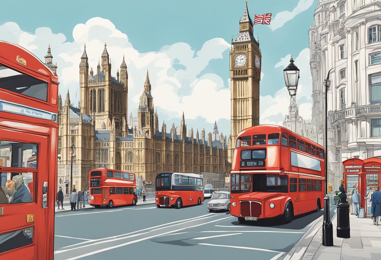 Rolling hills, stone castles, iconic red phone booths, double-decker buses, and Big Ben tower over the bustling streets of London. English flags fly high, and the aroma of fish and chips fills the air