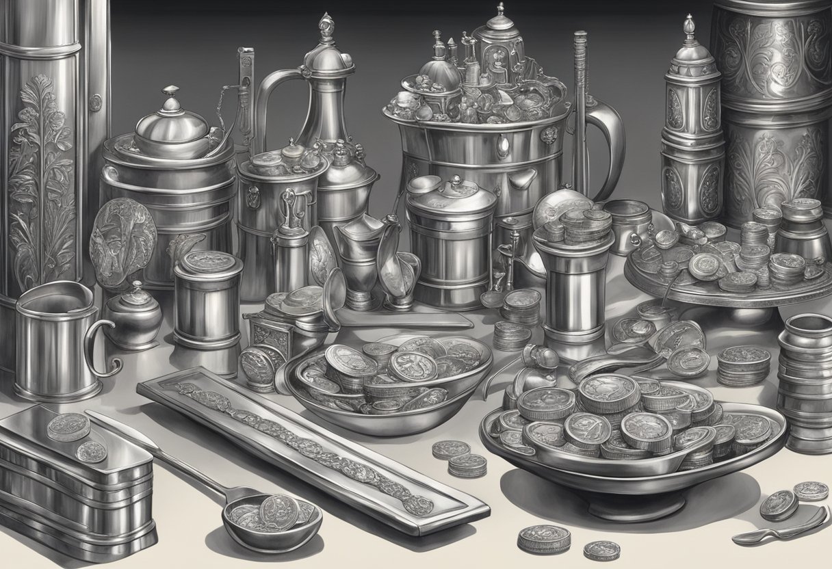 Silver bars, coins, and jewelry displayed on a polished surface. A silver mine with workers extracting the metal. Various objects made of silver, such as cutlery and decorative items