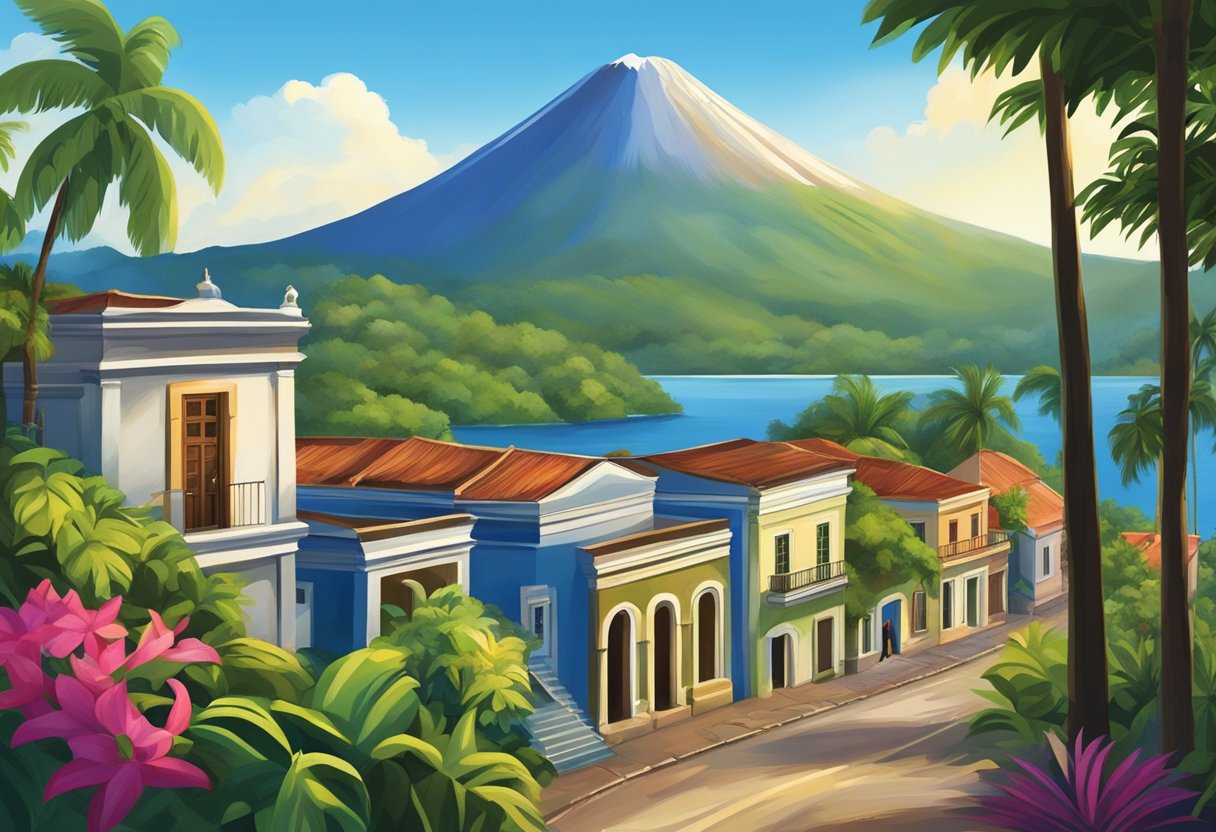 Nicaragua's flag waving in the breeze, volcanoes in the background, lush rainforests, colorful colonial architecture, and exotic wildlife