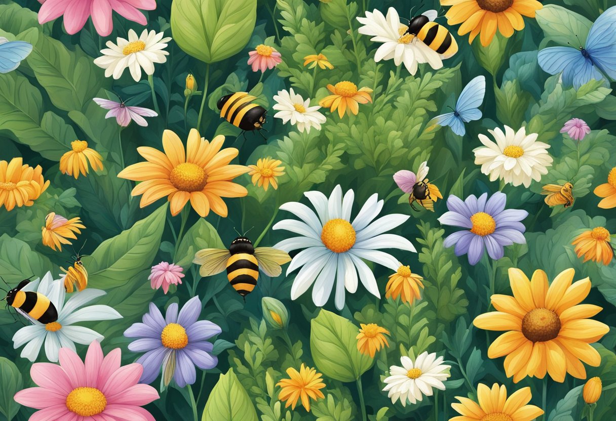 A colorful array of flowers in various shapes and sizes, surrounded by lush green foliage, with bees and butterflies flitting around