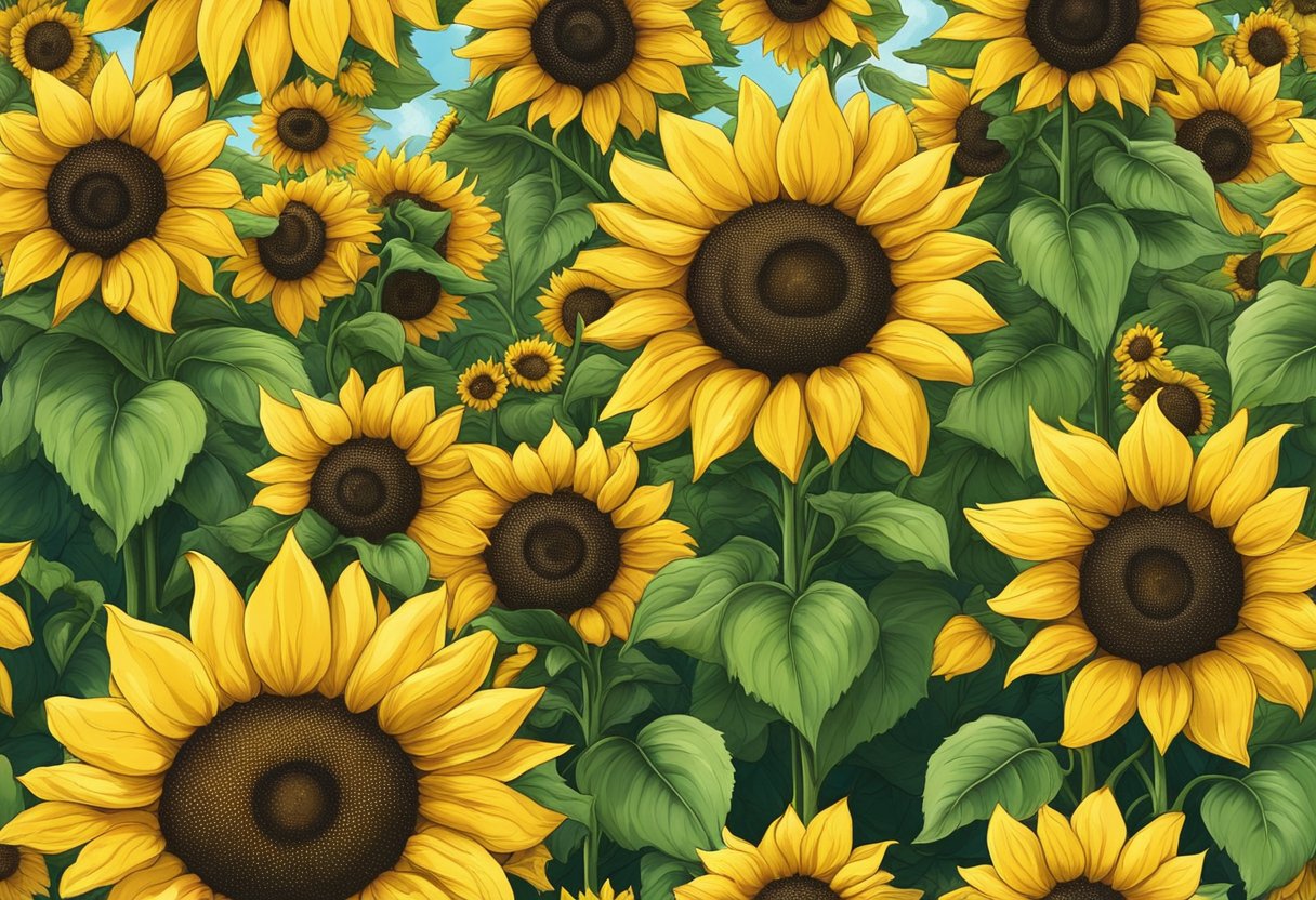 A field of sunflowers reaching towards the sky, their bright yellow petals and dark centers standing out against the green leaves. Bees buzzing around, collecting nectar from the flowers