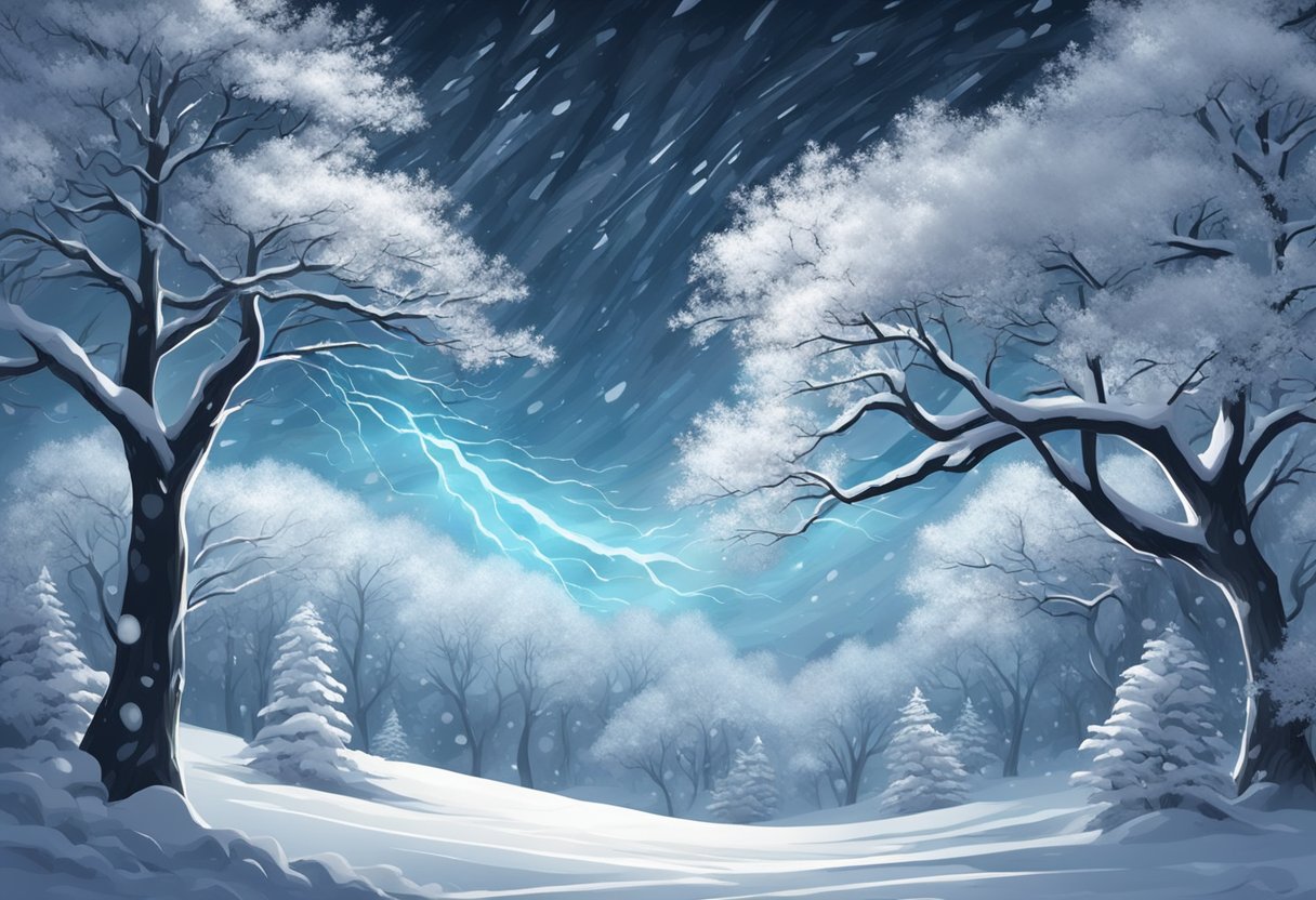 Snowflakes swirl in a fierce wind, creating a whiteout. Trees bend under the weight of heavy snow. Lightning flashes in the dark sky