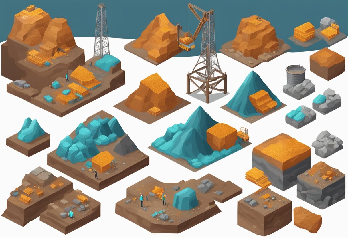 Copper ore in a mine, workers extracting, smelting, and shaping into various products. Copper's properties and uses displayed in diagrams and charts