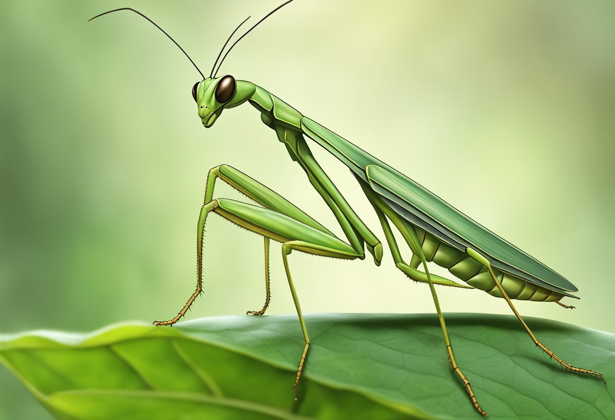 A praying mantis perched on a leaf, its triangular head turned towards the camera, displaying its distinctive long, slender body and forelegs held in a prayer-like position