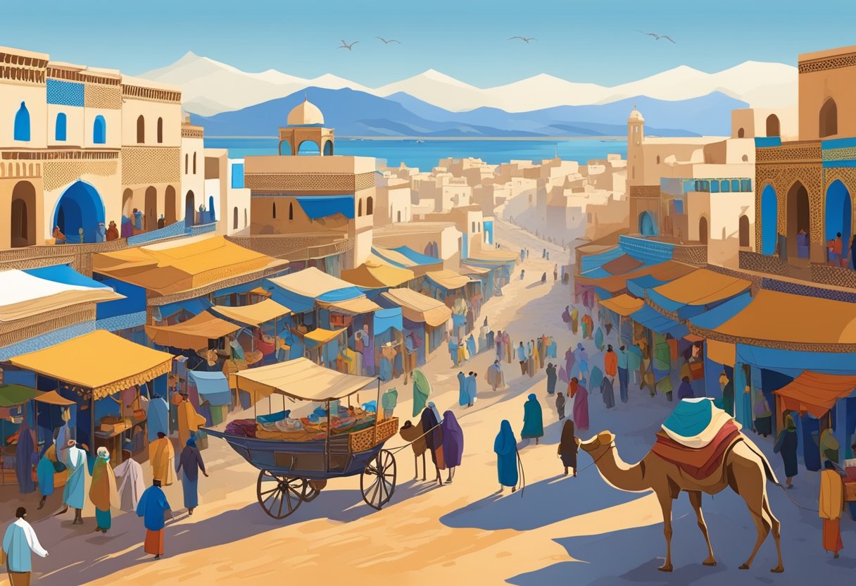 Colorful market stalls, bustling with activity. A camel caravan crossing the desert. Intricate tilework and architecture. Snow-capped Atlas Mountains. Blue boats in the port of Essaouira