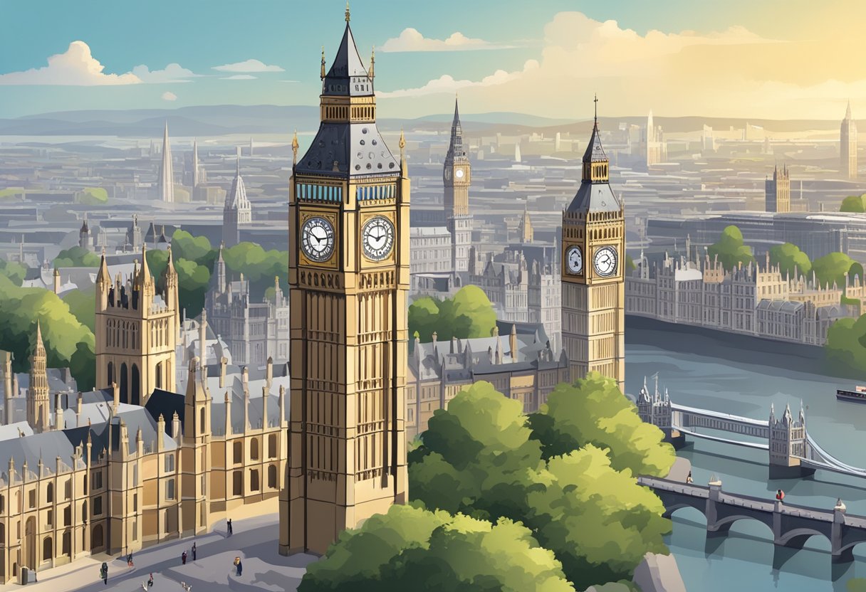 The iconic Big Ben clock tower stands tall against the London skyline, surrounded by historic landmarks and bustling city life