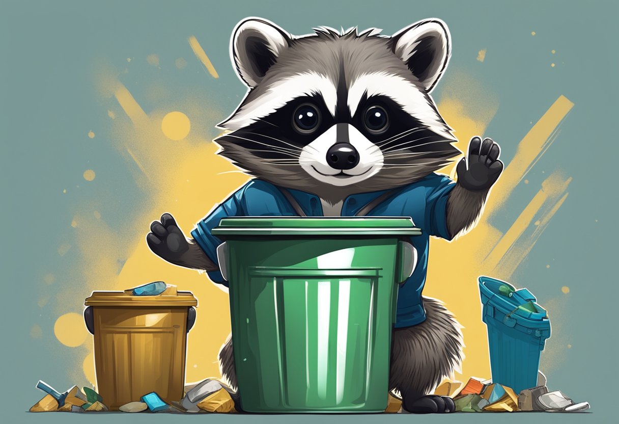 A raccoon stands on hind legs, surrounded by garbage cans. It holds a shiny object in its paws while its masked face looks mischievously at the viewer