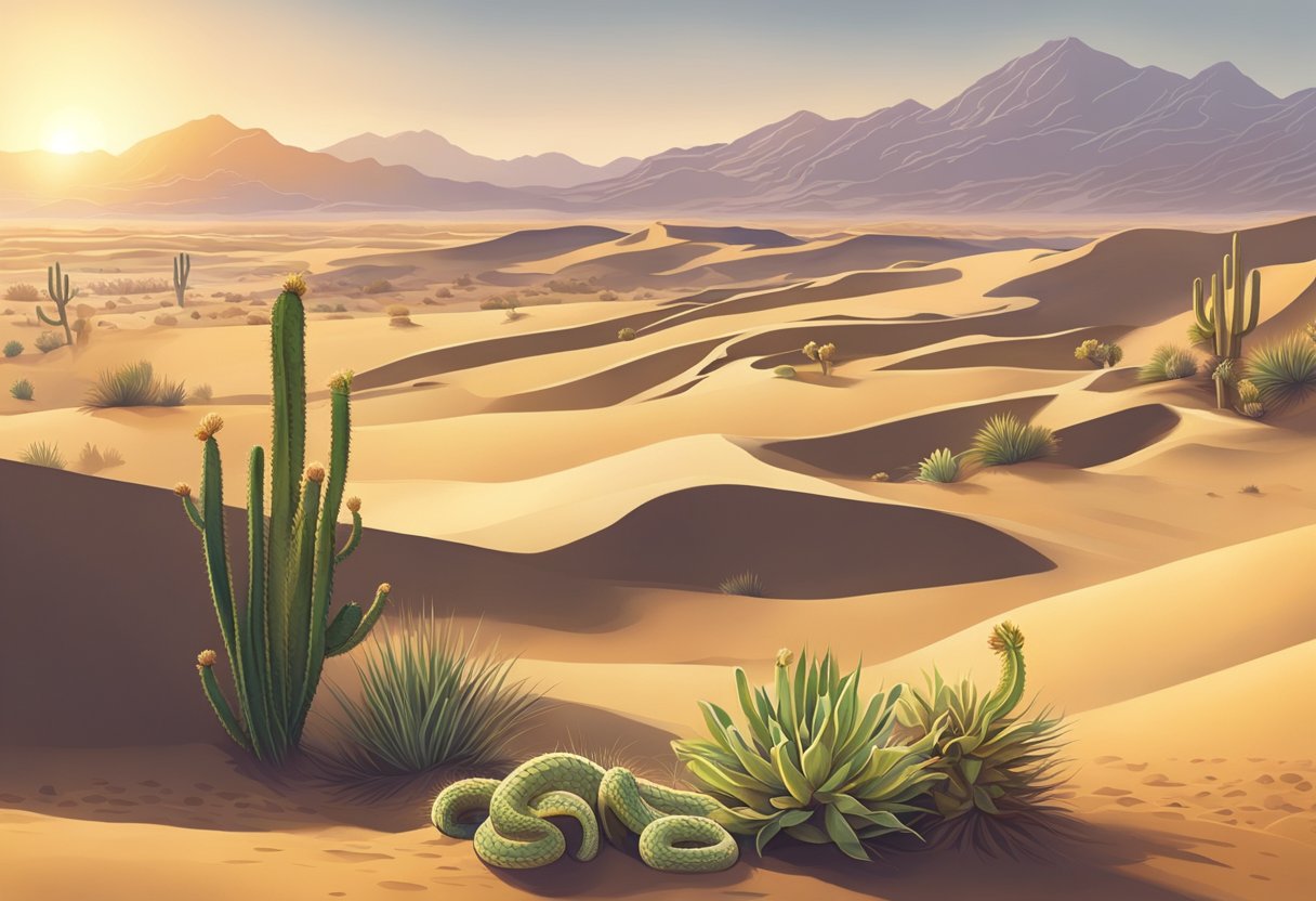 Sand dunes ripple under a scorching sun. Cacti stand tall, while a snake slithers through the dry terrain. A mirage shimmers in the distance as the desert stretches endlessly