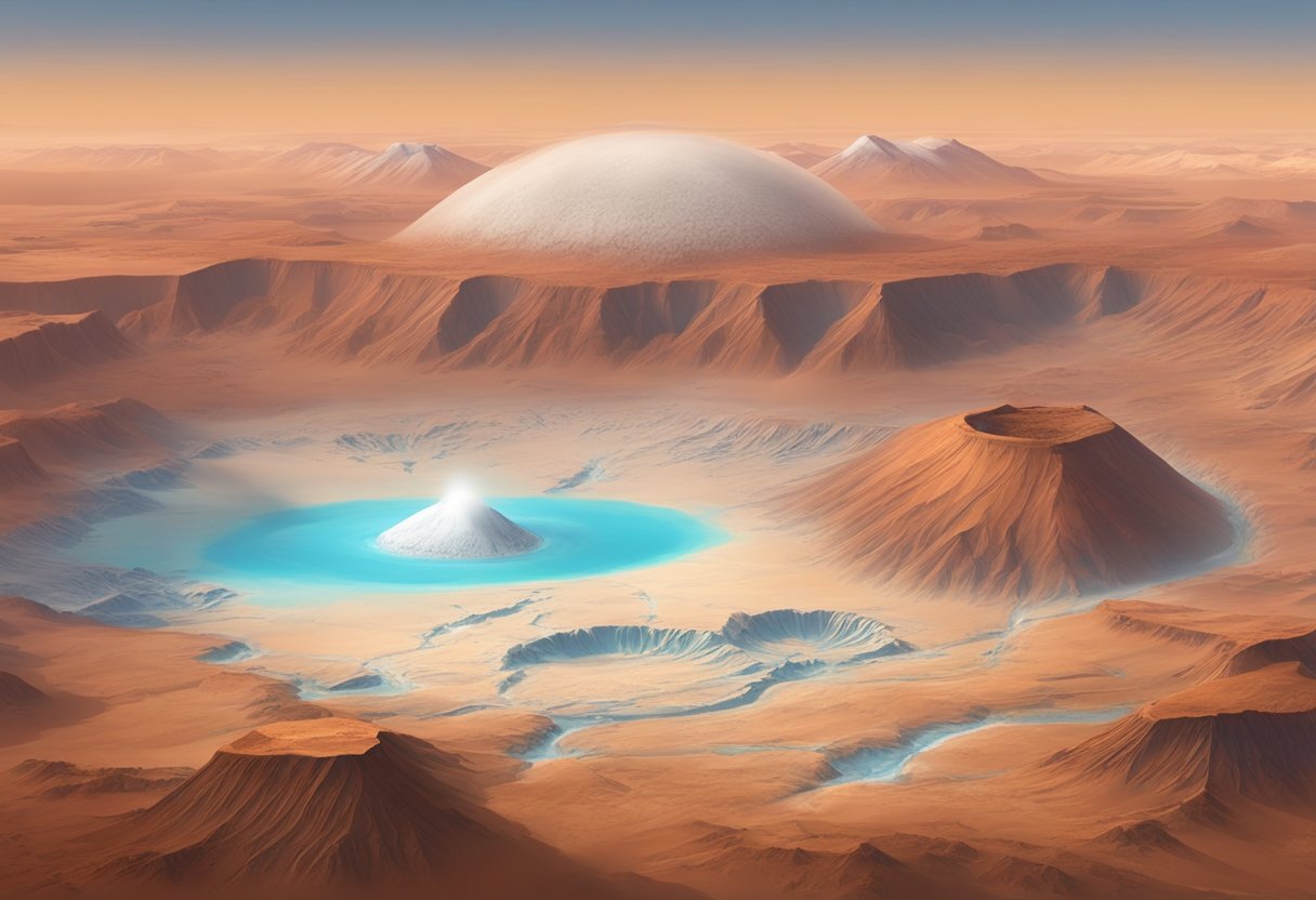 Mars: red planet with polar ice caps, giant volcanoes, and a canyon system. Dust storms and evidence of ancient water