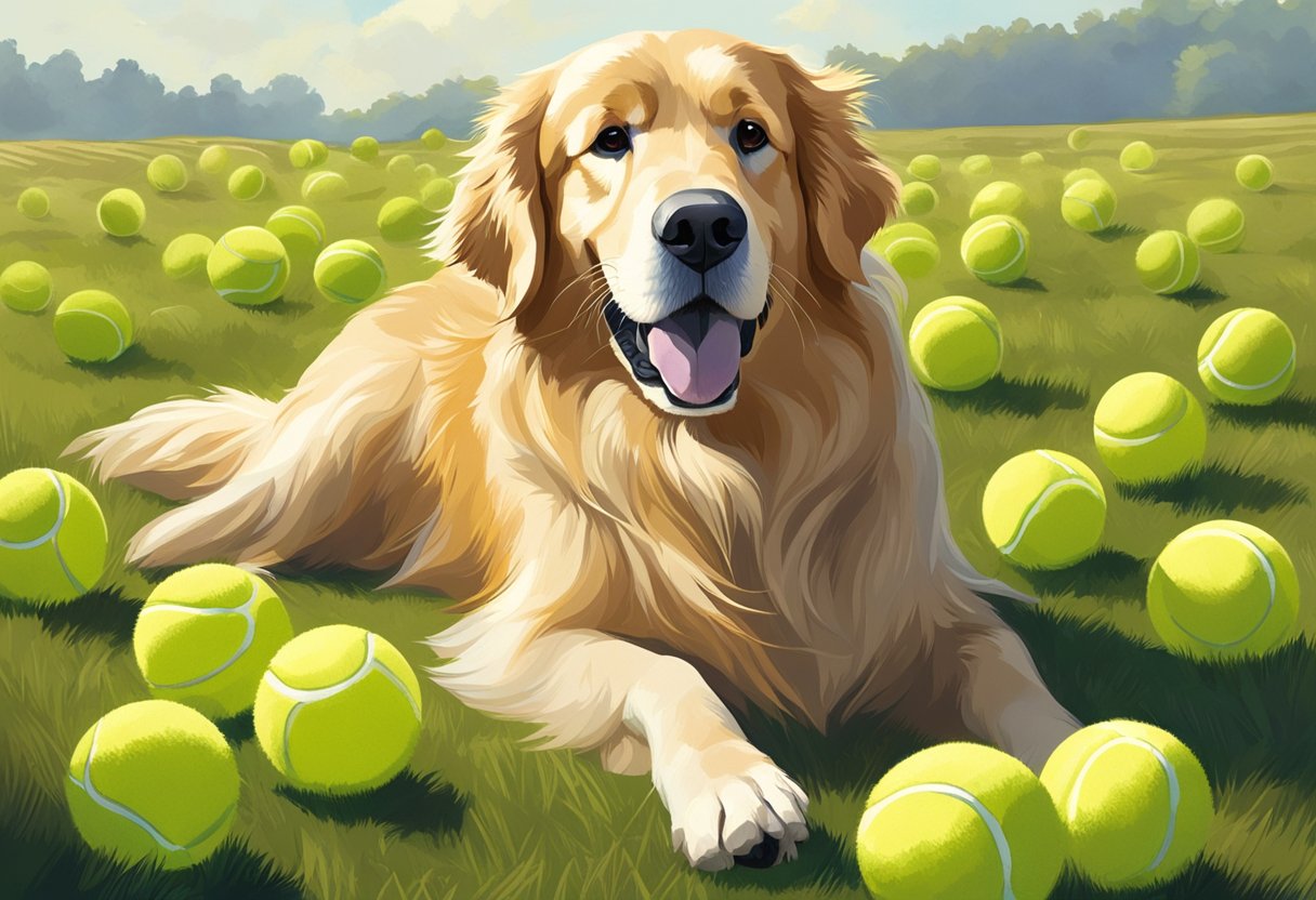 A golden retriever lounges in a sunny field, surrounded by a pile of tennis balls and wagging its tail. Its friendly expression and luxurious coat make it a beloved companion