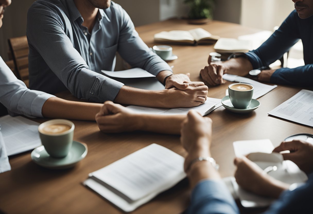 A family sits around a table, discussing life insurance options. Documents and policies are spread out as they seek guidance and understanding